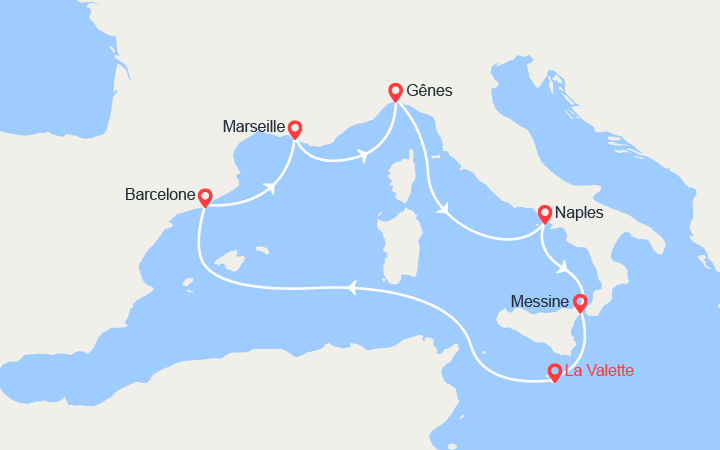 Carte itinéraire croisière Espagne, Provence, Italie, Sicile