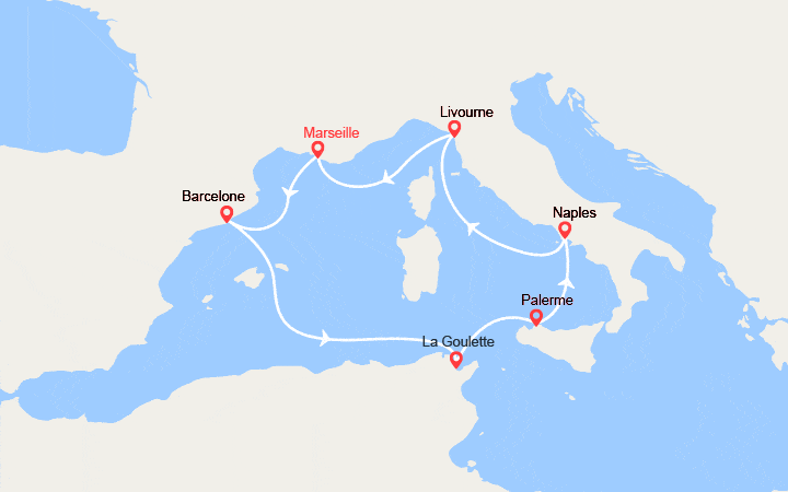 Carte itinéraire croisière Espagne, Tunisie, Italie, France