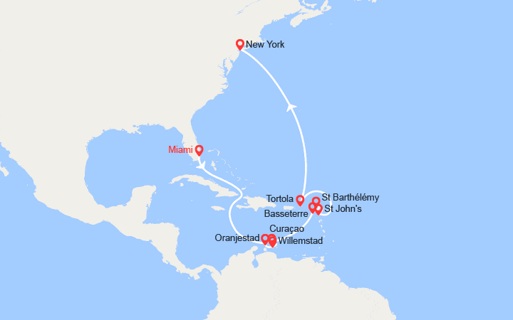 Carte itinéraire croisière États-Unis, Aruba, Curaçao, Bonaire, Saint-Kitts-et-Nevis