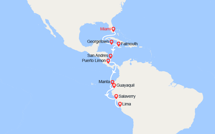 Carte itinéraire croisière États-Unis, Bahamas, Jamaïque, Colombie, Costa Rica, Équateur, Pérou