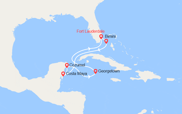 Carte itinéraire croisière États-Unis, Bahamas, Mexique et îles Caïmans