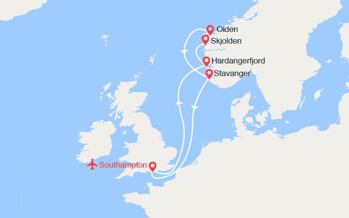 Carte itinéraire croisière EXCLUSIVITÉ : Fjords de Norvège | Cabine balcon + Vols inclus