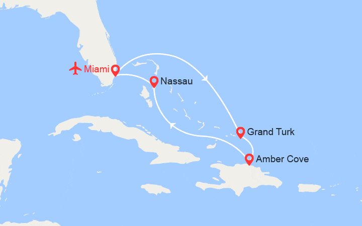 Carte itinéraire croisière Exclusivité : Rép Dominicaine, Bahamas | Vols, Hôtel, Frais de séjour inclus