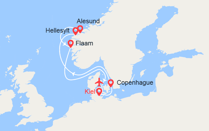 Carte itinéraire croisière Fjords: Hellesylt, Alesund, Flam II Vols Inclus