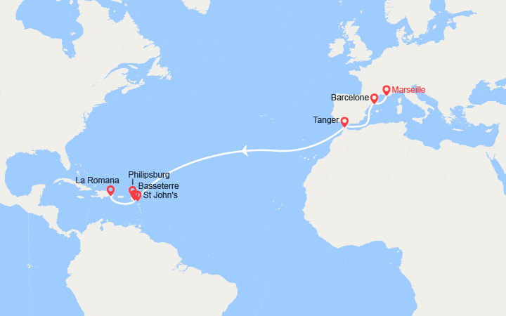 Carte itinéraire croisière France, Espagne,Gibraltar, Antigua-et-Barbua..