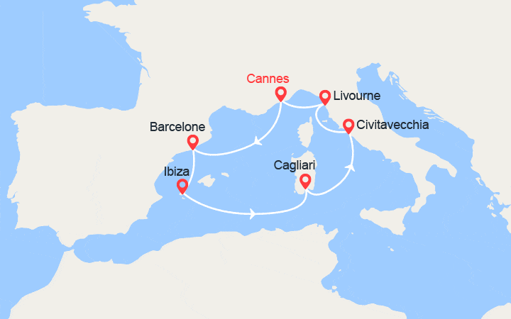 Carte itinéraire croisière France, Espagne, Ibiza, Sardaigne, Italie