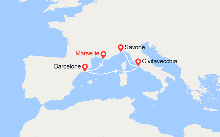 Carte itinéraire croisière France, Espagne, Italie