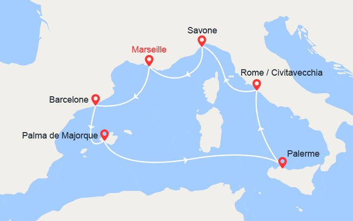 Carte itinéraire croisière France, Espagne, Majorque, Sicile, Italie