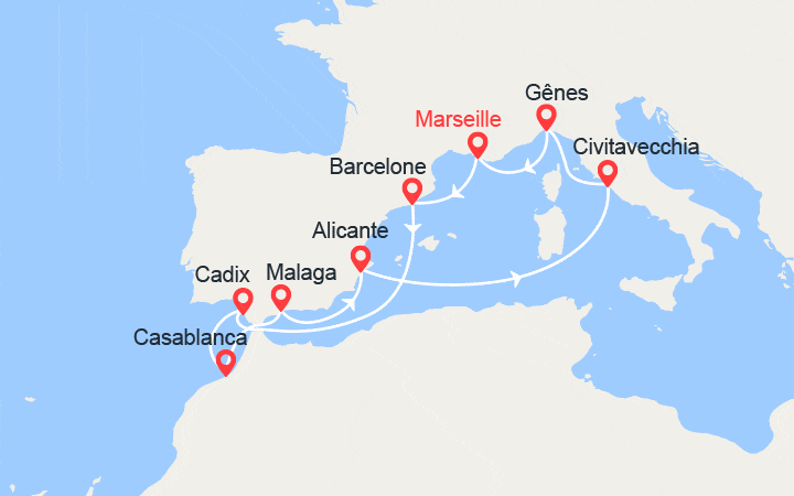 Carte itinéraire croisière France, Espagne, Maroc, Italie