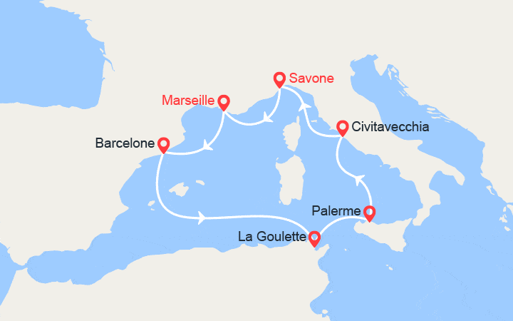 Carte itinéraire croisière France, Espagne, Tunisie, Italie