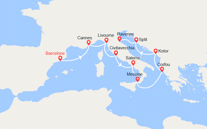Carte itinéraire croisière France, Italie, Grèce, Monténégro, Croatie