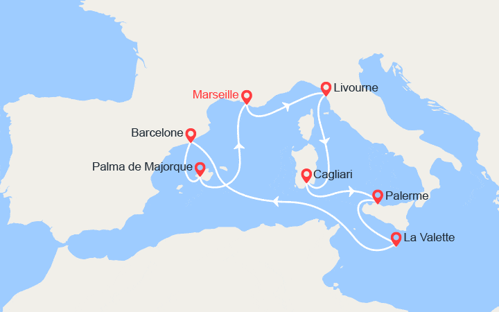 Carte itinéraire croisière France, Italie, Malte, Espagne