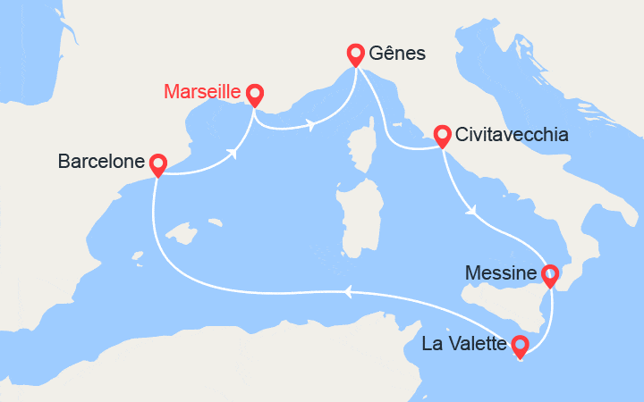 Carte itinéraire croisière France, Italie, Malte et Espagne