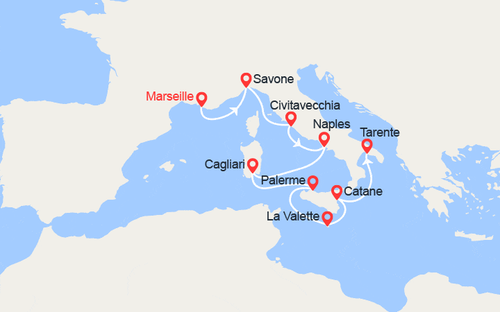 Carte itinéraire croisière France, Italie, Sardaigne, Sicile, Malte, Espagne