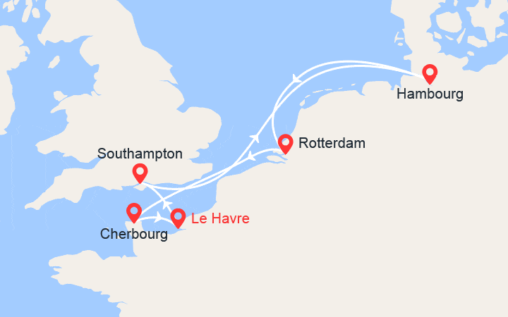 Carte itinéraire croisière France, Royaume-Uni, Allemagne, Hollande