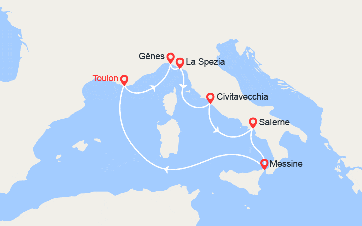 Carte itinéraire croisière Gênes, Rome, Côte Amalfitaine, Sicile