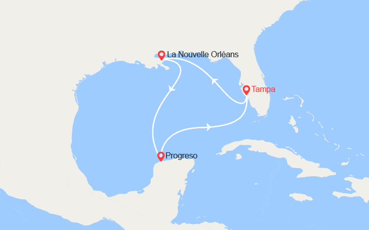 Carte itinéraire croisière Golfe du Mexique : Nouvelle-Orléans et Yucatan