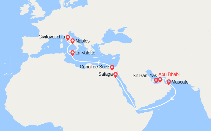 Carte itinéraire croisière Grand Voyage : Émirats arabes unis, Italie