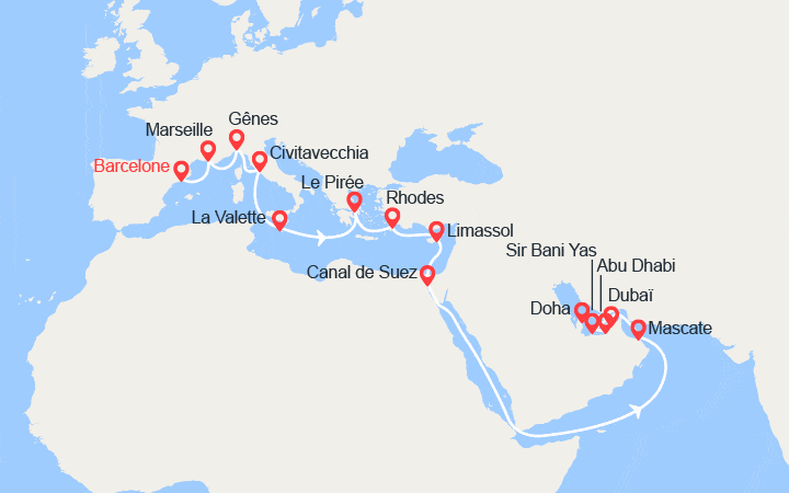 Carte itinéraire croisière Grand Voyage : Provence, Italie, Malte, îles Grecques, Chypre, Oman, Qatar, Émirats arabes unis