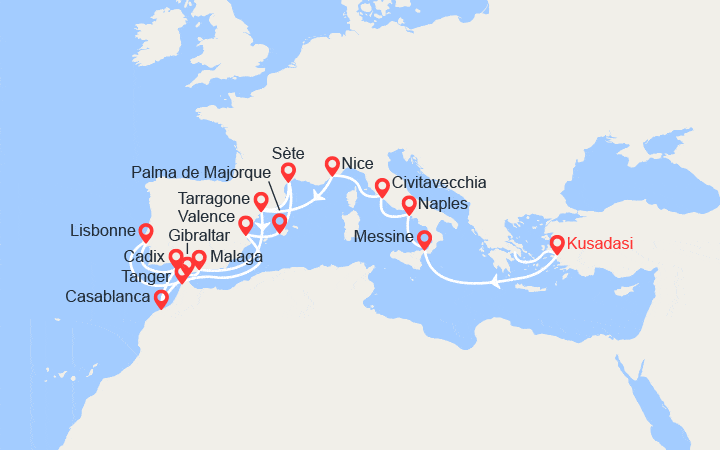 Carte itinéraire croisière Grande découverte de la Méditerranée