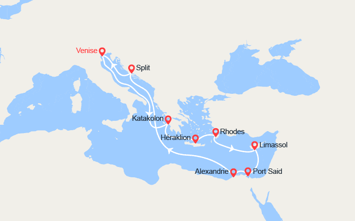 Carte itinéraire croisière Grèce, îles Grecques, Chypre, Égypte, Croatie