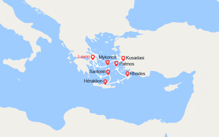 Carte itinéraire croisière Grèce, îles Grecques, Turquie
