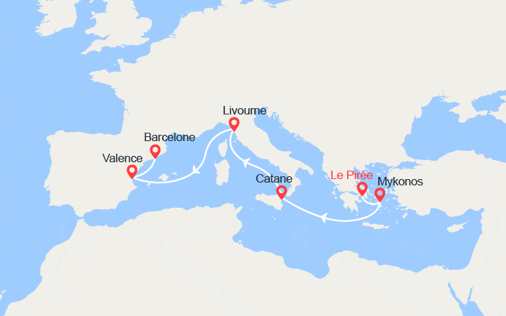 Carte itinéraire croisière Grèce, Italie, Espagne