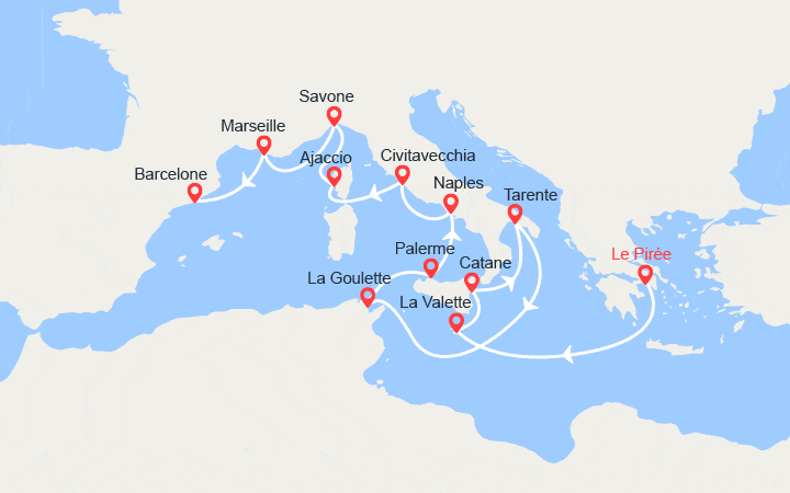 Carte itinéraire croisière Grèce, Malte, Italie, Corse, Espagne