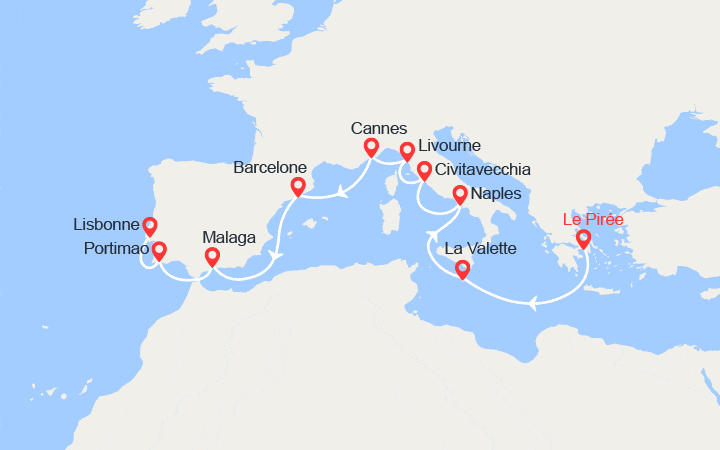 Carte itinéraire croisière Grèce, Malte, Italie, France, Espagne, Portugal