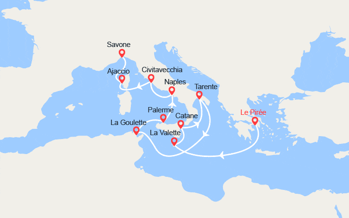 Carte itinéraire croisière Grèce, Malte, Italie, Tunisie, Corse