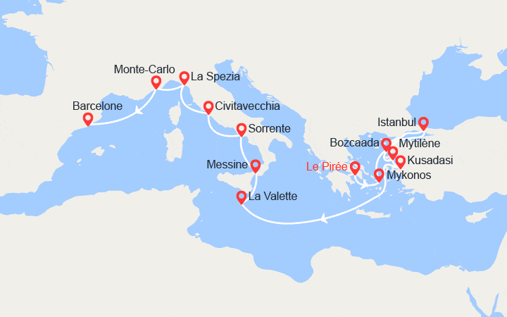 Carte itinéraire croisière Grèce, Turquie, Malte, Italie, Monaco, Espagne
