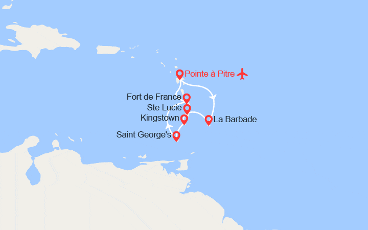 Carte itinéraire croisière Guadeloupe, Martinique, Barbade, St Lucie, St Vincent et les Grenadines, Grenade - Vols Inclus