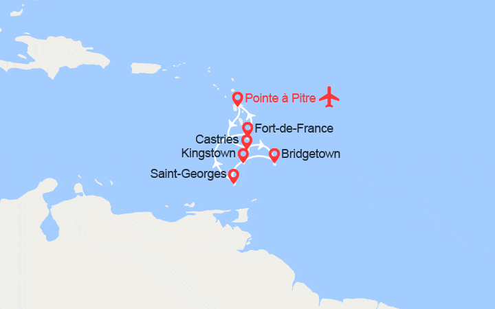 Carte itinéraire croisière Guadeloupe, Ste. Lucie, Barbades, St Vincent & les Grenadines, Grenade - Vols inclus