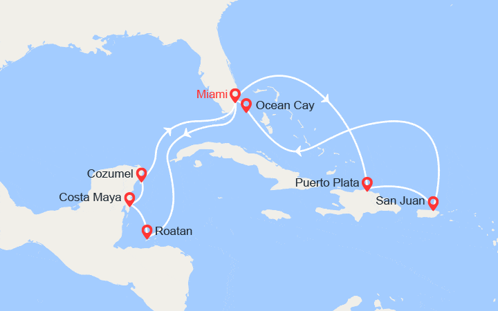 Carte itinéraire croisière Honduras, Mexique, Rép. Dominicaine, Porto Rico, Bahamas