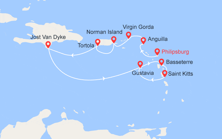 Carte itinéraire croisière Îles aux trésors, Caraïbes et Antilles