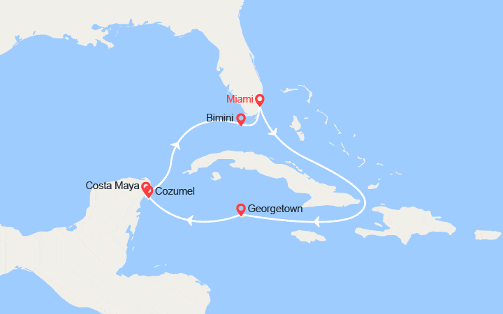 Carte itinéraire croisière Iles Caïman, Mexique, Bahamas