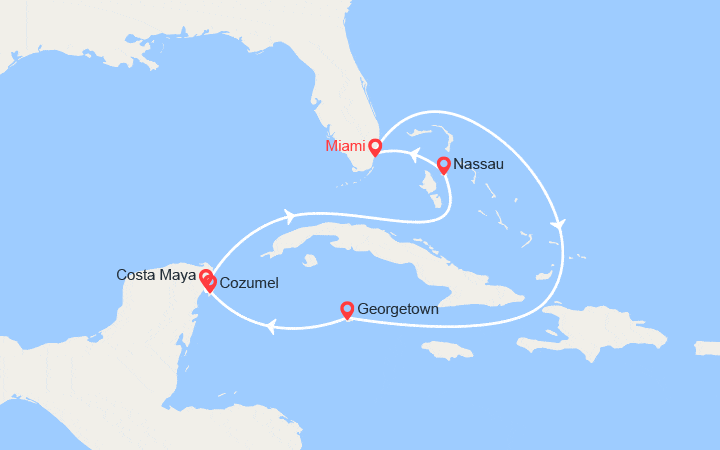 Carte itinéraire croisière Iles Caïman, Mexique, Bahamas