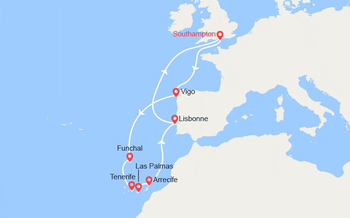 Carte itinéraire croisière Îles Canaries : Madère, Tenerife, Grand Canarie, Lanzarote