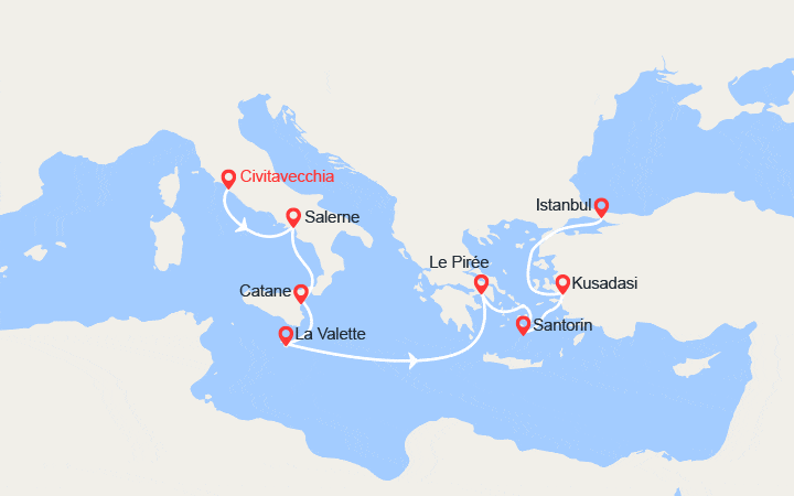 Carte itinéraire croisière Îles grecques : Santorin, Athènes et Malte