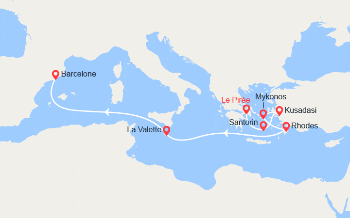 Carte itinéraire croisière Iles grecques, Turquie, Malte, Espagne