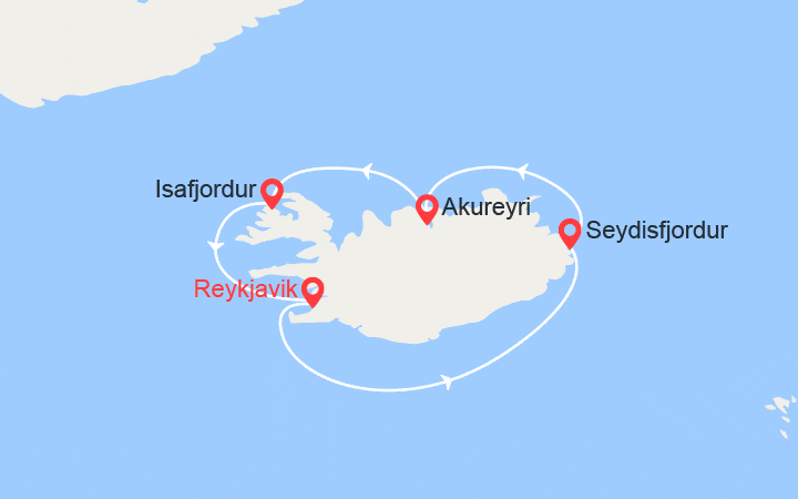 Carte itinéraire croisière Islande intensive : au départ de Reykjavik