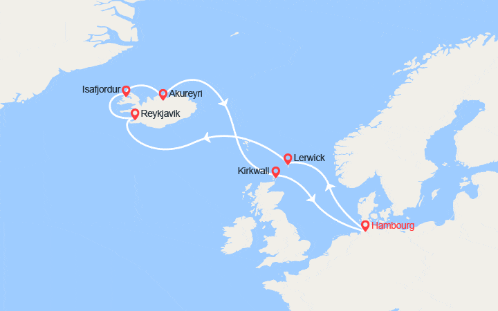 Carte itinéraire croisière Islande, Royaume-Uni