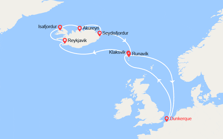 Carte itinéraire croisière Islande, terre de feu et de geysers