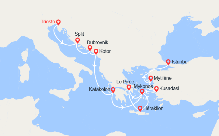 Carte itinéraire croisière Italie, Balkans, Grèce et Turquie