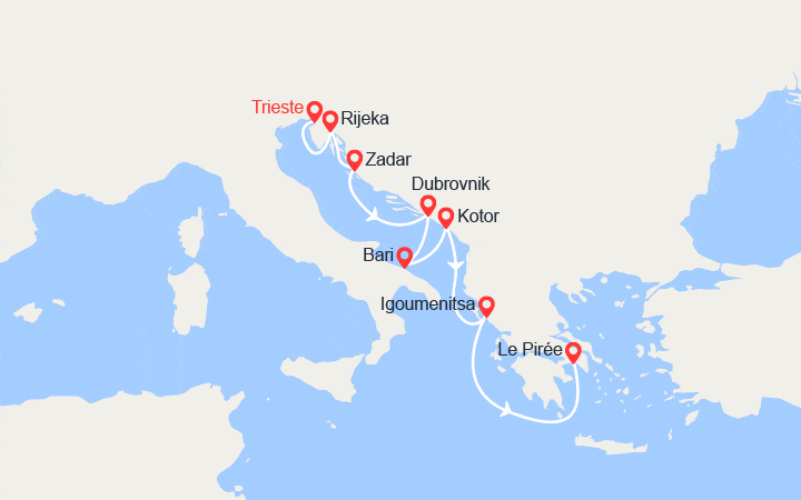 Carte itinéraire croisière Italie, Croatie, Grèce, Monténégro