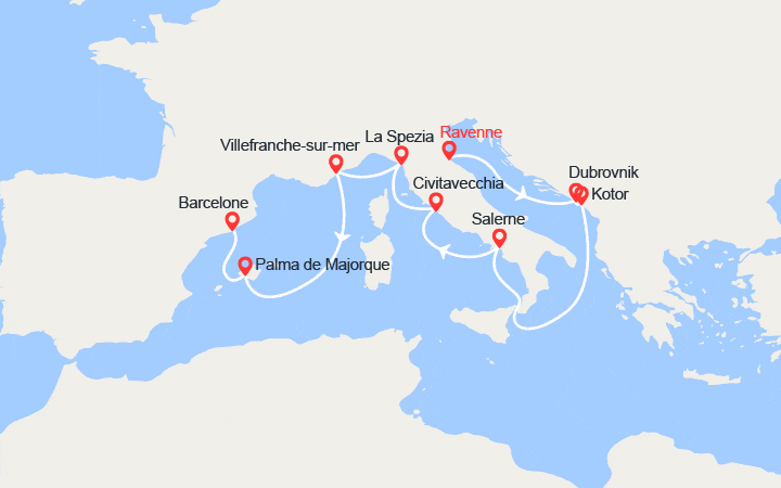 Carte itinéraire croisière Italie, Croatie, Monténégro, France, Espagne