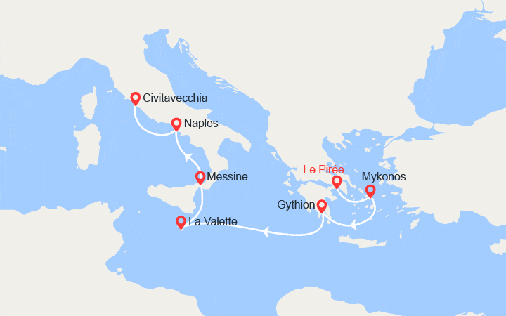 Carte itinéraire croisière Italie, Croatie, Monténégro, Grèce