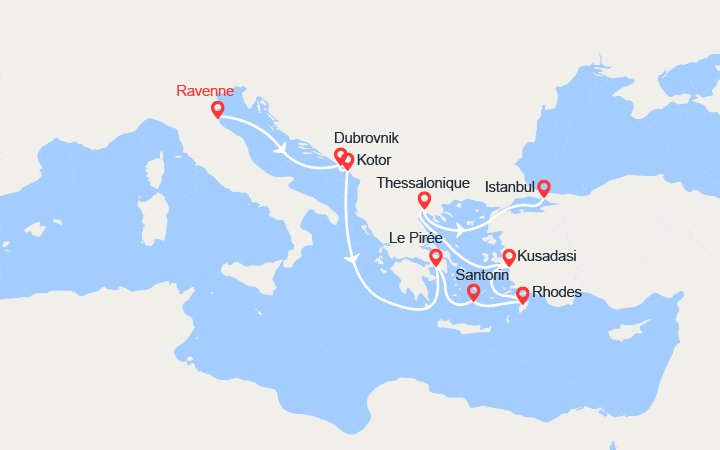 Carte itinéraire croisière Italie, Croatie, Monténégro, Îles Grecques, Turquie
