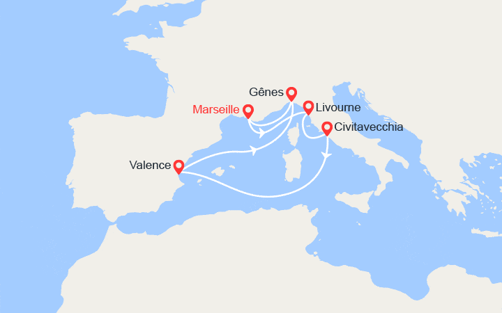 Carte itinéraire croisière Italie, Espagne