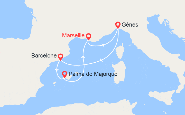 Carte itinéraire croisière Italie, Espagne, Baléares